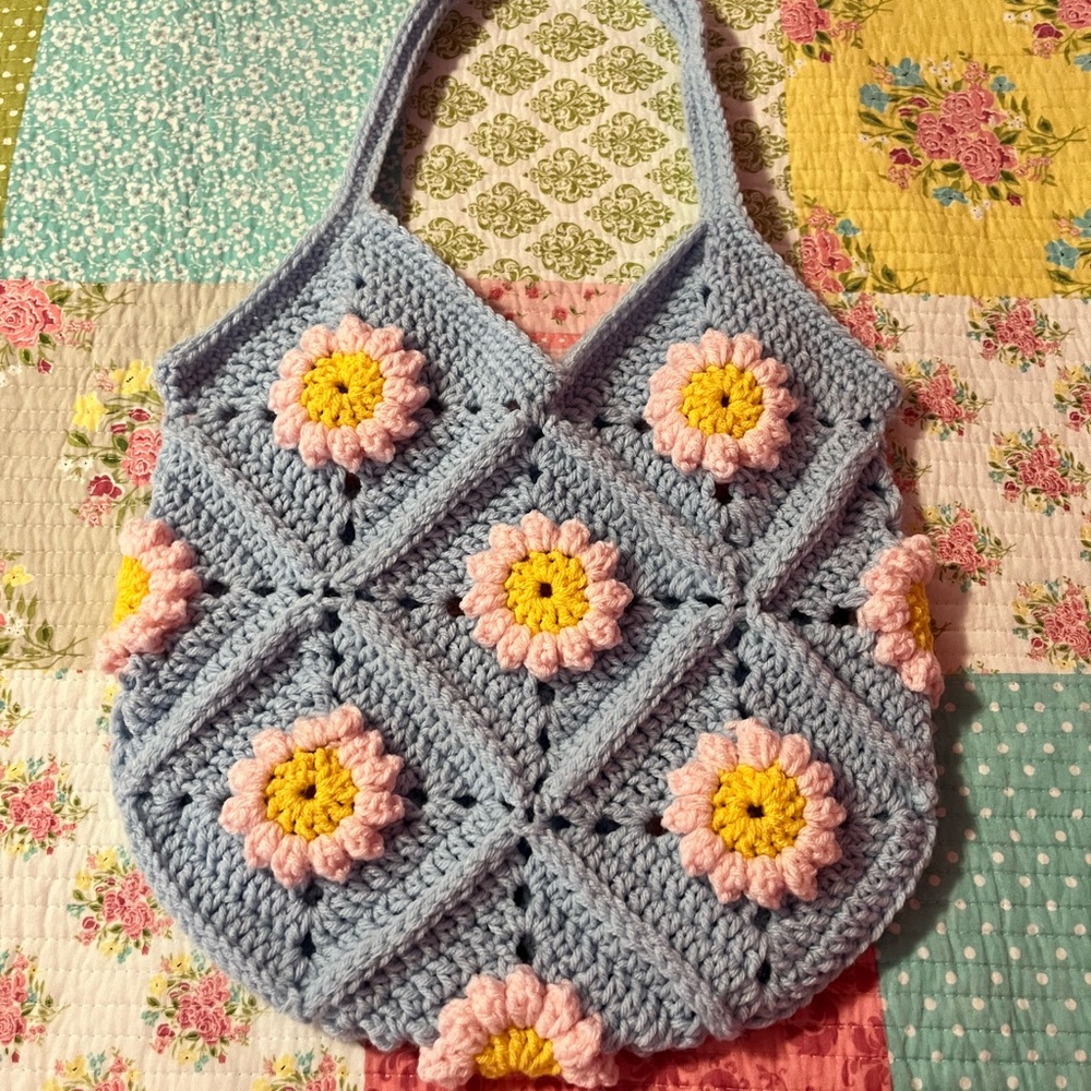 Handmade Light Blue Crochet Daisy Tote Bag with Pink & Yellow Accents
